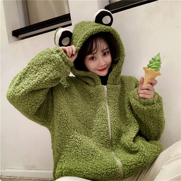 

women's hoodies & sweatshirts cute women hoodie 2021 winter fructose color loose thick lamb wool mid-length frog zipper clothes, Black