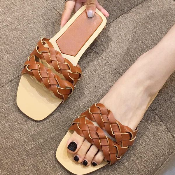 

2020 summer new women slippers square open toe flat beach slides shoes for woman weave causal outdoor dress flip flops female, Black