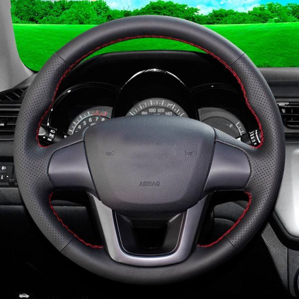 

black steering wheel cover artificial leather hand-stitched car steering wheel covers for kia rio 2011 2012 2013 2014
