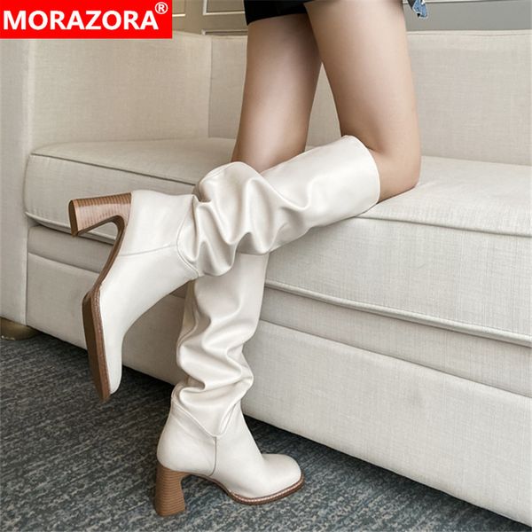 

morazora 2020 large size knee high boots fashion high heels ladies shoes winter solid color women boots black apricot