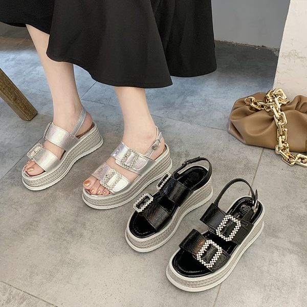 

women sandals 2020 fashion wedge platform shoes bling crystal square buckle summer shoes comfortable silver high heel sandals, Black