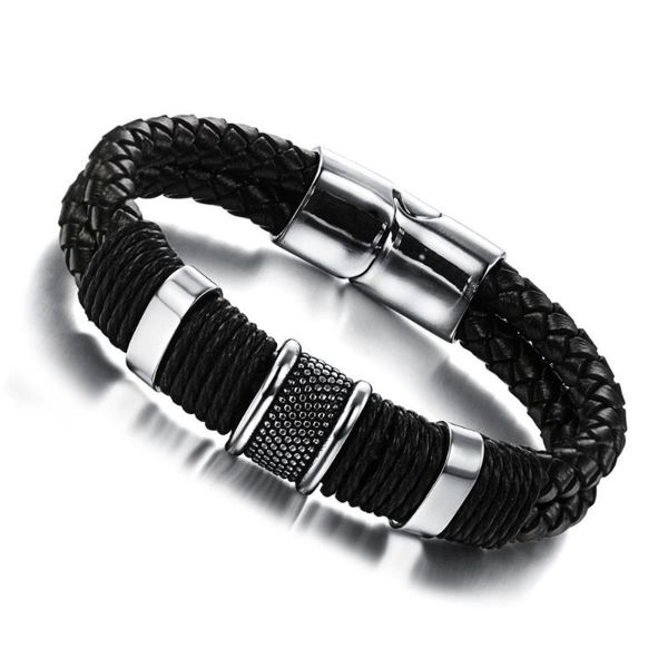 

punk men jewelry double layer braided black genuine leather bracelet stainless steel magnetic buckle bangle, Golden;silver