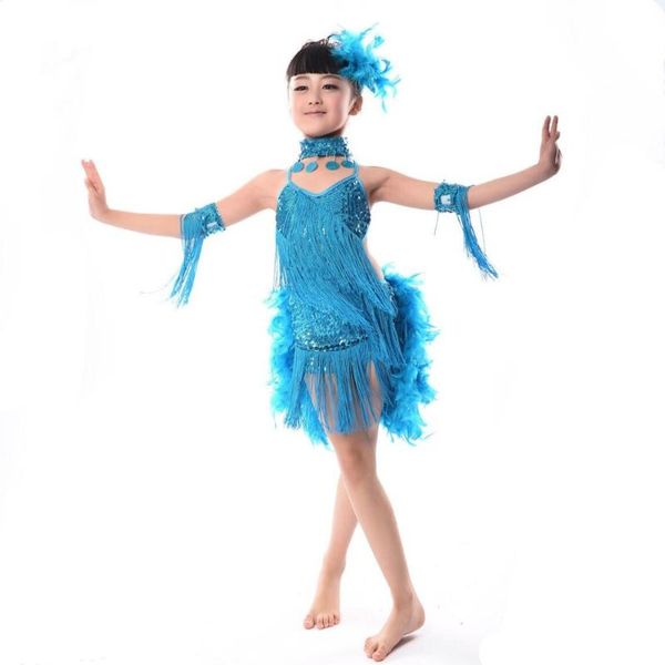 

stage wear girl tassel latin salsa ballroom competition performance dance dress children tango dresses samba costume for kids l020, Black;red