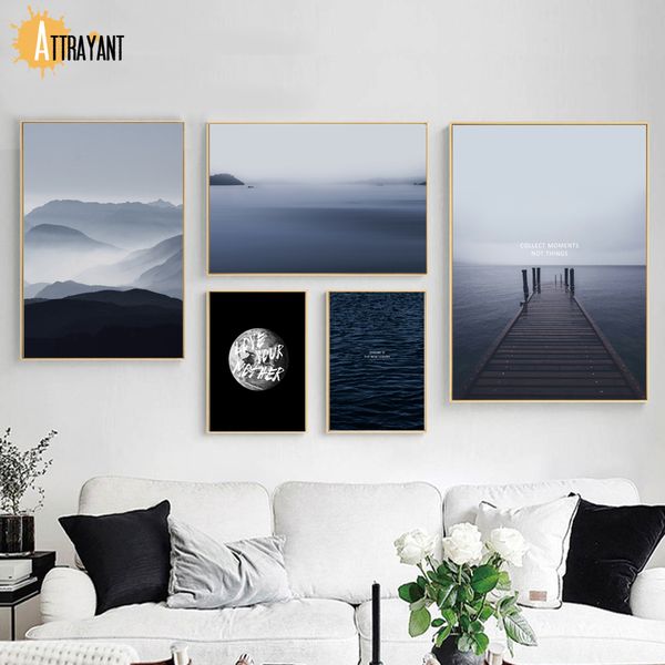 

mountain sea bridge moon quotes landscape wall art canvas painting nordic posters and prints wall pictures for living room decor