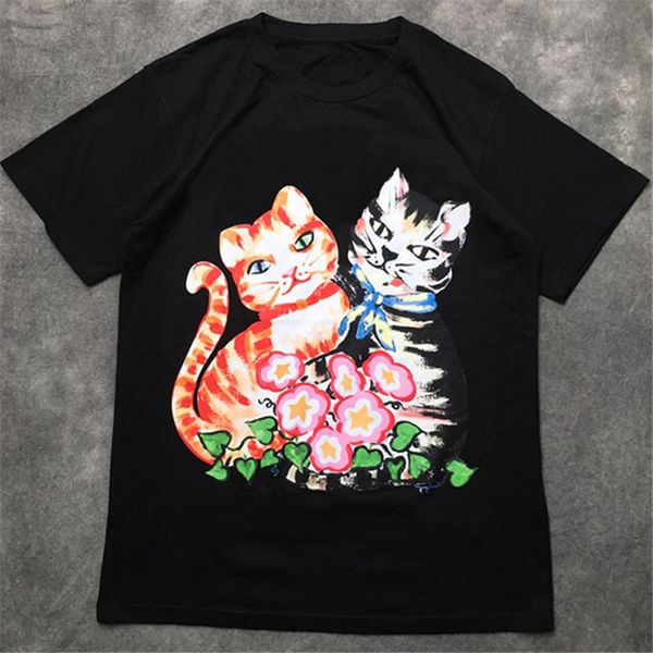 

fashion mens t shirt 20ss famous street couples kittens print pullover polo short sleeve t shirts men women stylist tee, White;black