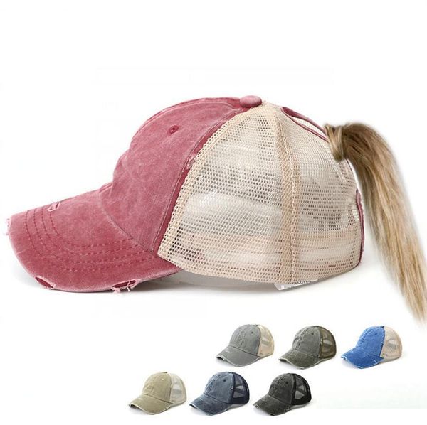 

solid baseball cap adjustable denim distressed trucker snapback ponytail hat sunshade washable cap 7 colors ljjk2033-1, Blue;gray