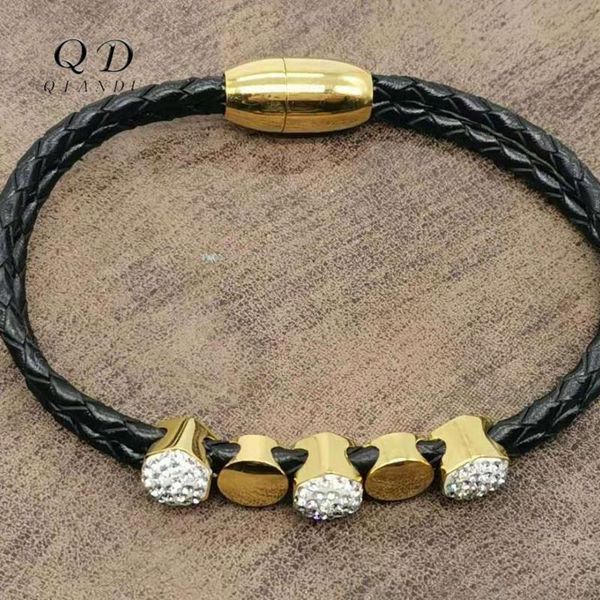 

qian du women's leather bracelet stainless steel simple buckle stainless steel accessories 2020 fashion woven bracelet jewelry, Black