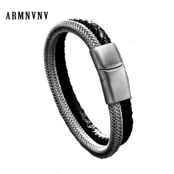 

tennis genuine leather bracelet men stainless steel two colors braid with magnetic buckle clasp pulseiras masculina, Golden;silver