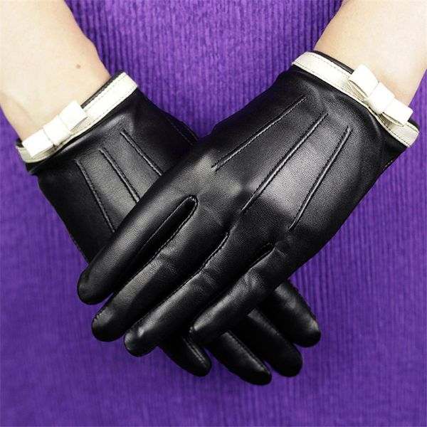 

2020 genuine leather gloves female fashion butterfly knot sheepskin gloves plus velvet thicken black woman' dq106, Blue;gray