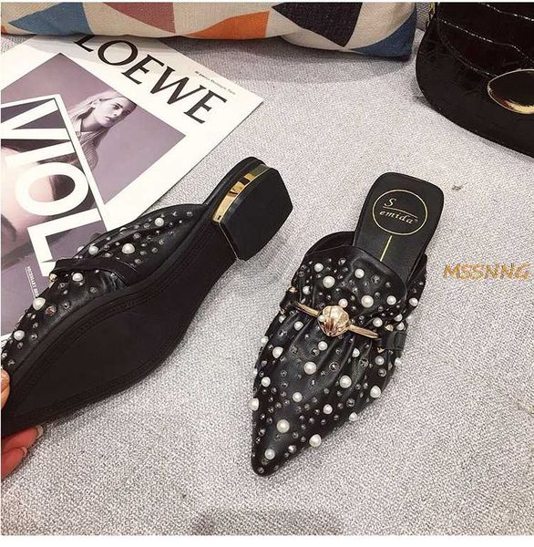 

spring new women's slippers low heel mules slippers women flat shoes pearl metal decoration slides female loafers shoe woman, Black