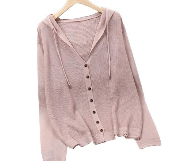 

knitted sweater cardigan jacket summer new long sleeve v-neck ice silk knihooded thin coat outerwear sun protection clothing, Black;brown