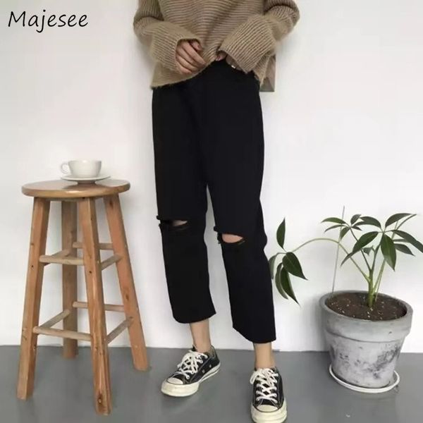 

black jeans women new solid wash loose womens high waist ankle-length korean fashion females hole plus size denim trousers chic, Blue