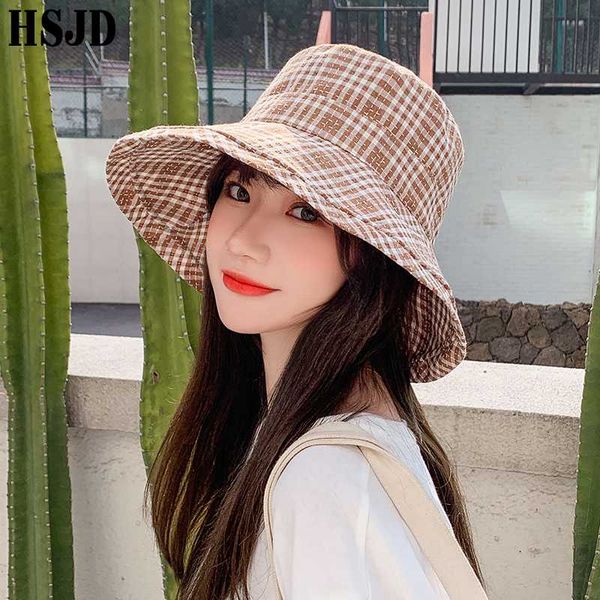 

summer women foldable large brim hat double-sided plaid cotton linen sun hats anti-uv beach visor panama bucket hat female cap, Blue;gray