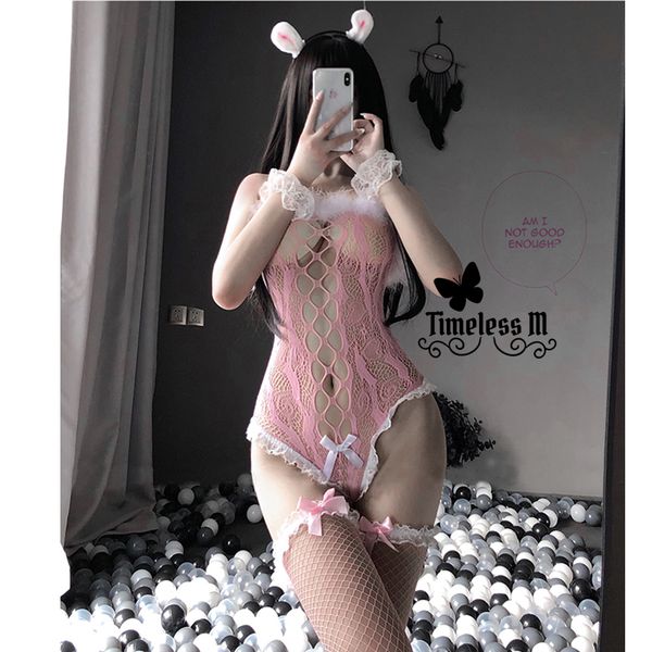 

bras sets paloli 2021 women lingerie fishnet bodysuit with stocking erotic see through costumes black pink lace cosplay bustier, Red;black