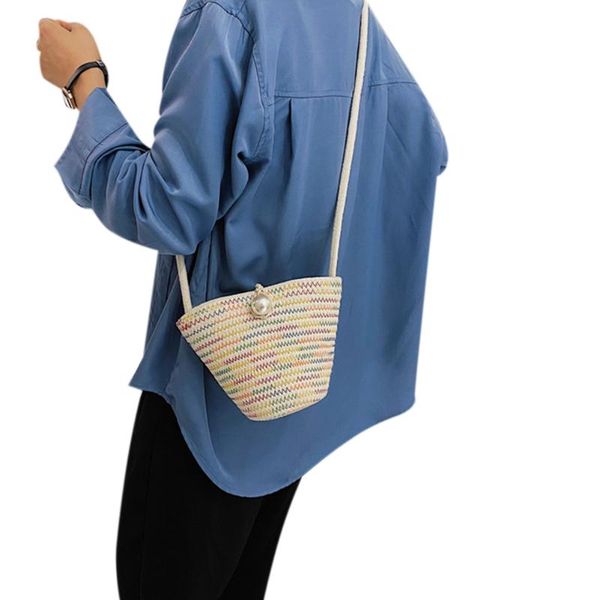 

women wild straw bucket bag fashionable colorful stripe portable shoulder bag pearl buckle decoration crossbody purse