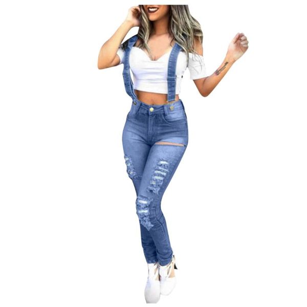Jeans da donna Salopette lavata femminile Salopette casual in denim strappato Pantaloni fitness da donna a vita alta Pagliaccetti moda # 3