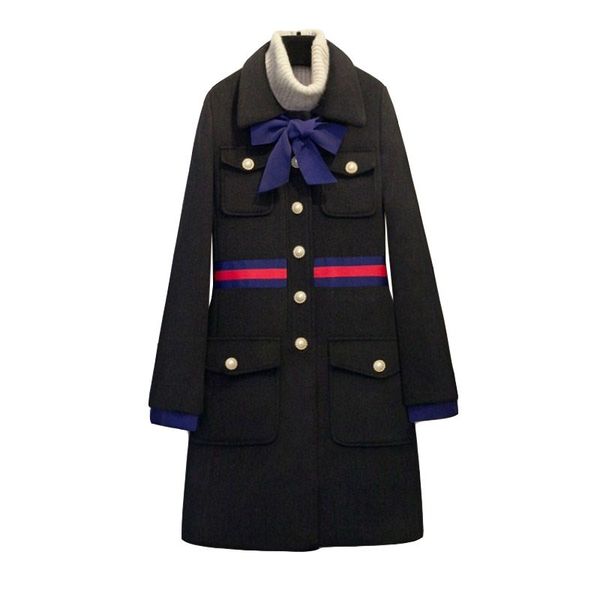 

2020 spring coat women bow slim pocket wool winter jacket women slim woolen long cashmere coats cardigan jackets elegant blend, Black