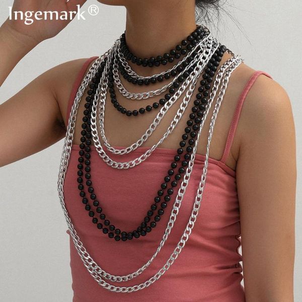 

exaggerated full beaded pendant chain necklace women men punk vintage strand black bead link choker jewelry accessorios, Silver