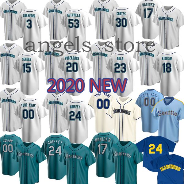 

2020 custom mariners cruz johnson ken griffey jr. seager healy buhner kikuchi vogelbach haniger martinez hernandez suzuki robinson cano, Blue;black