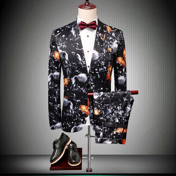 

men's suits & blazers suit three-piece (jacket + pants vest) fashion casual 3d butterfly print, White;black