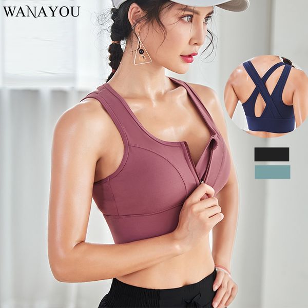 

wanayou women front zipper sport bra shockproof padded running fitness yoga bras cross strap breathable gym sports tank top, White;black