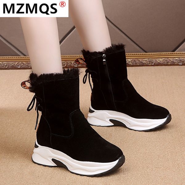 

2020 new winter women's boots fashion lace warm mid heel boots round head mid heel square suede tassel zapatos de mujer, Black