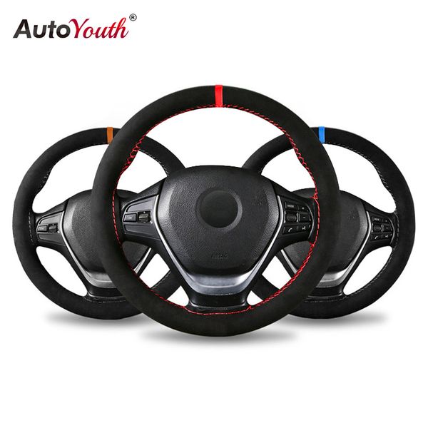 

autoyouth microfiber leather universal diy car steering-wheel cover anti-slip sports style 38cm anti-catch holder fit most cars