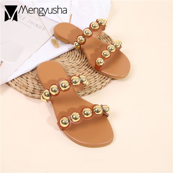 

big ball rivets slippers women double band metal beading flip flops flat heel beach slides female hausschuhe size41, Black