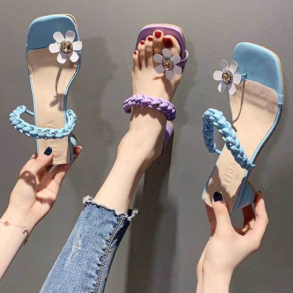 

fairy crystal flower clip toe knitted band slingback women sandals high heels shoes women flipflops weave slip on sandalias 2020, Black