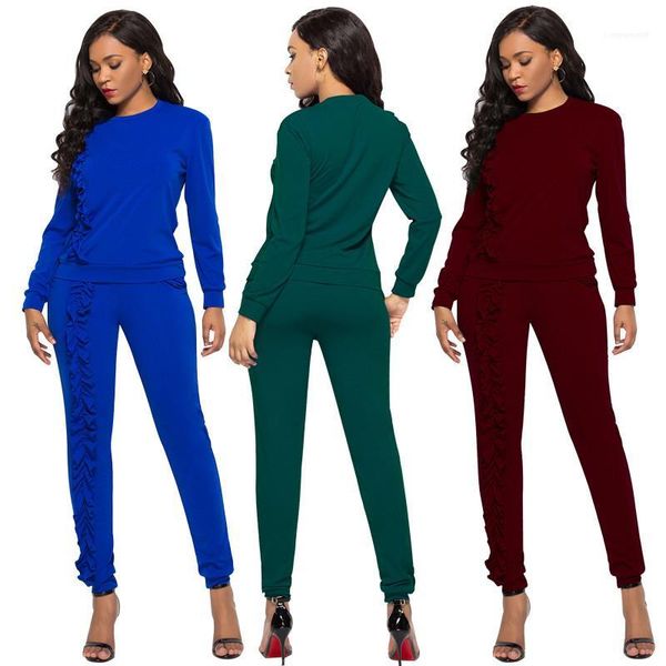 

suits crew neck tracksuits fashion soild color long pant 2pcs ladies sets womens casual slim ruffle designer woman, Gray