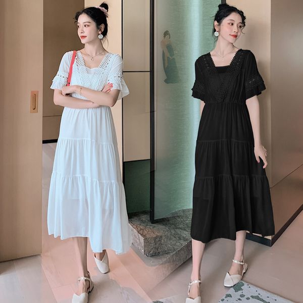 

6168# maternity dress summer chiffon v neck lace patchwork stylish dress for pregnant women mom, White