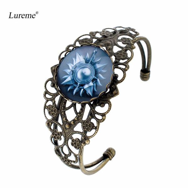 

lureme women glass time gem hollow flower open bangle bracelet (bl003420, Black