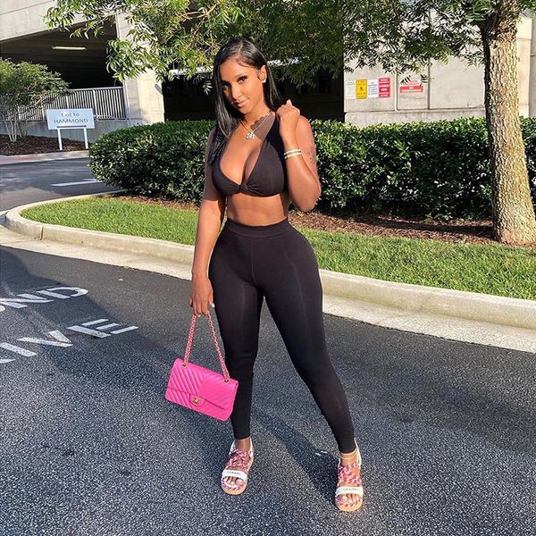 

2020 осенняя мода sexy глубокий v женщины два piece set рукавов solid push-up camis bodycon пакет длинные брюки для леди x0923, Gray