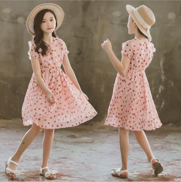 

chiffon dress 2020 new summer girls princess dress dot short sleeves dresses casual outfit kids children clothing 6 8 10 12 year, Red;yellow