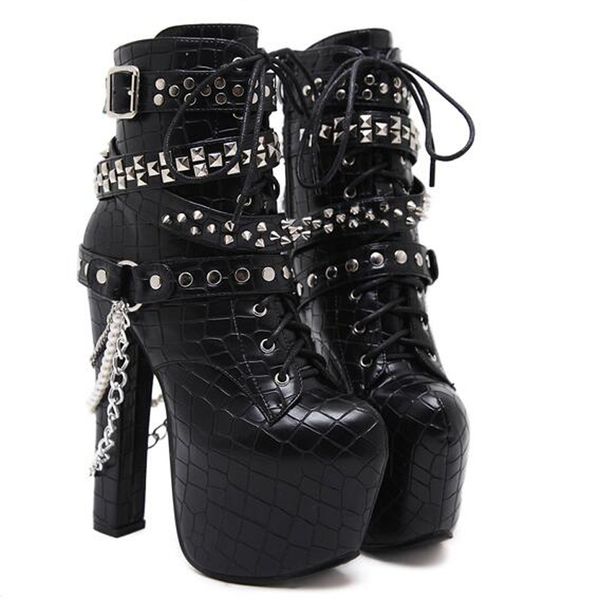 

zip metal chains rivet motorcycle boots women shoes super high heels platform ankle boots punk rock gothic biker yma704, Black