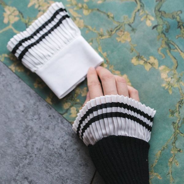 

vintage tiered black trim decorative sleeve false cuffs pleated wrinkled flare wristband sweater clothes accessories for women, Blue;gray