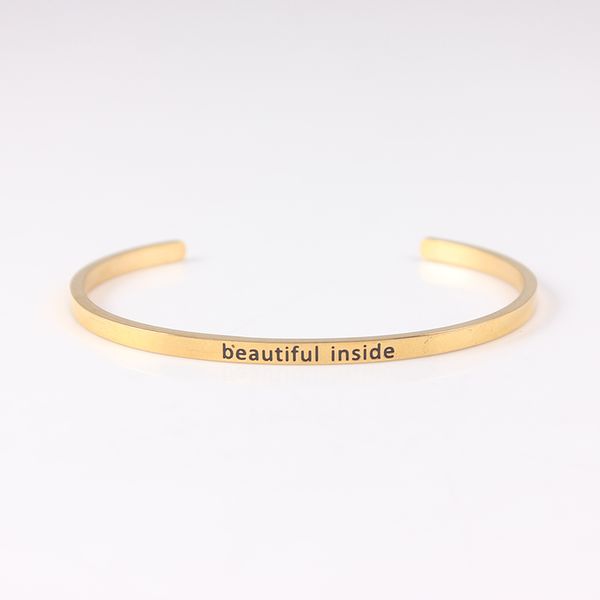 

bangle gold stainless steel engraved beautiful inside positive inspirational quote cuff mantra bracelet for women, Black