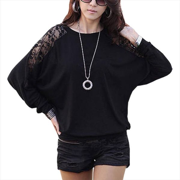 

t shirt women tshirt 2020 korean new lace stitching hollow out loose solid color bat sleeve t shirt vestidos ropa mujer lbd6806, White