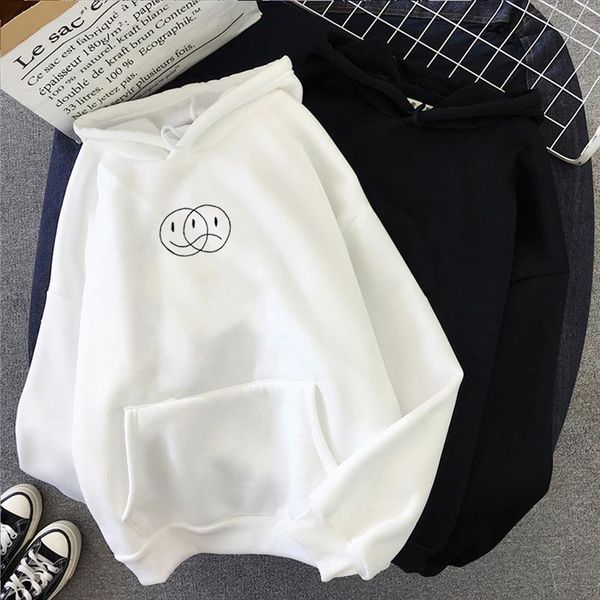 

smile sad face streetwear sweatshirt men women casual pullover hip hop long sleeve line print hoodies student sportswear, Black