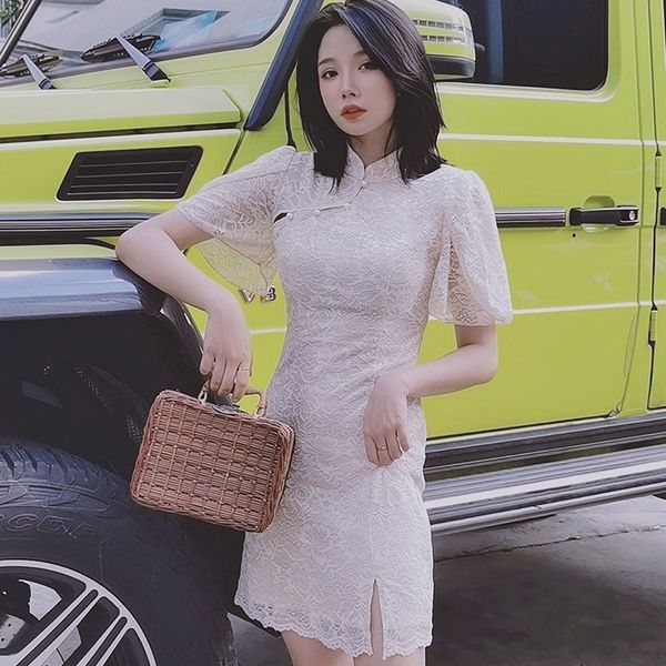 

women's 2020 summer new fashion temperament slim waist skirt improved cheongsam lace lace dress dress tsowd, Black;gray