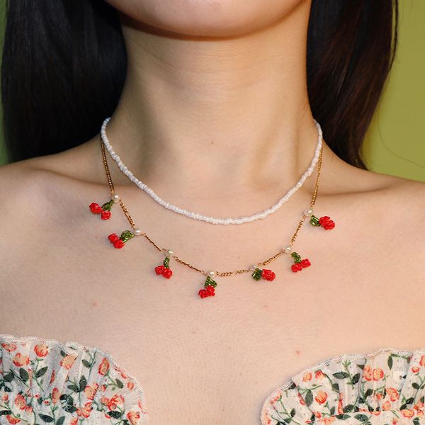 

aomu 2020 bohemia sweet handmade beaded braid cherry clavicle chain collar rice beads woven choker for women girl chic necklace, Silver