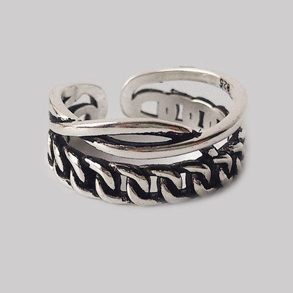 

double layer lock chain thai silver color ring handmade woven ring for women men trendy vintage gifts s-r596, Golden;silver
