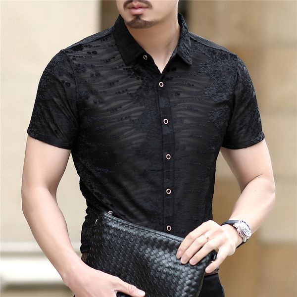 

flower print velvet shirt club party chemise homme 2020 new spring short sleeve transparent shirt men mens button, White;black