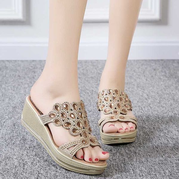 

woman high heels platform sandals gold dropshipping women summer wedge slippers fashion big rhinestone hollow out casual shoes, Black