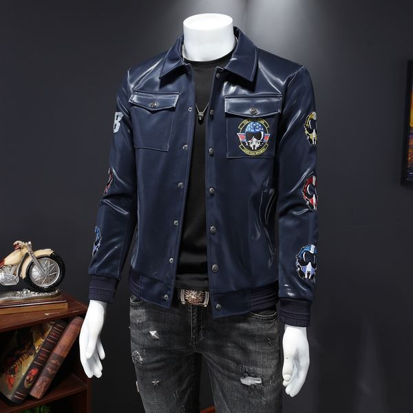 

2020 autumn and winter new casual jacket coat personality trend badge letter sequin embroidery shiny leather men, Black