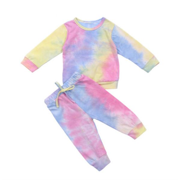 

1-4y girls tie dye print clothing sets autumn children girls long sleeve t-shirts +pants kids gradient tracksuits outfits, White
