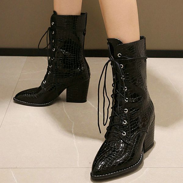 

2020 new women ankle boots stone pattern pu leather women western boots lace up fashion pointed toe shoes thick heel, Black