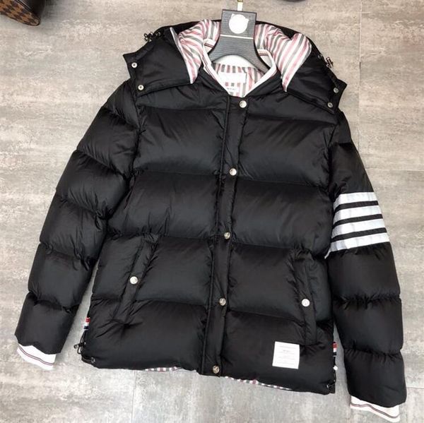 

2020 fashion tb thom brand men down coats loose hooded short down jacket striped solid thick casual winter clothing male, Black;white