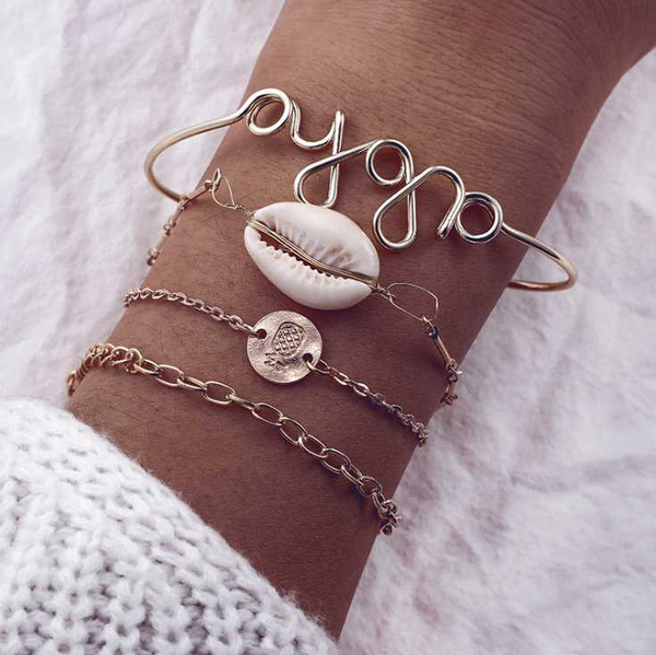 

charm bracelets 4pcs gold natural shell set love letter boho bracelet for women bangles bohemia wrist jewelry pulseras gifts, Golden;silver