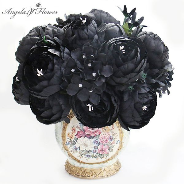 

12 heads black peony hydrangea rose artificial flower bouquet home decor diy wedding flower wall materials p props wholesale